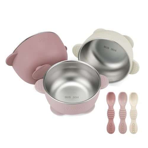 PandaEar 3 Pack Stainless Steel Suction Baby Bowls & 3 Baby Feeding Spoons | Non-Slip Stay Put Bowls & Soft Silicone First Stage Spoons for Toddlers, BPA-Free Baby Led Weaning Set (Pink White)
