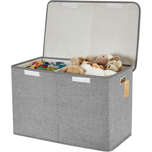 Large Toy Storage Box with Lid, Collapsible Toys Storage Organizer Bins with Dividers and Handles, Storage Chest Bin for Kids, Boys, Girls, Nursery 25"x13" x16" (Gray)
