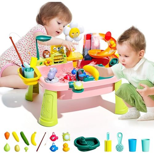 2026 Upgraded Toddler Sand Water Table Toy with Electric Water Pump, Kids Sand Water with Faucet/Play Food Accessories/Fishing Toy, Kitchen Play Sink Toys for Girl Boy Age 3+ (Pink)