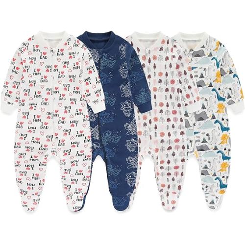 MAMIMAKA Newborn Baby One-Piece Footies Romper 2-Way Zip Cotton Bodysuit Long-Sleeve Jumsuit 4-Pack, 0-12 Months