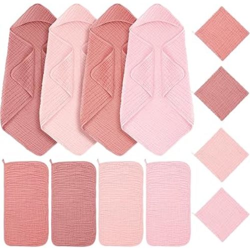 12 Pcs Muslin Hooded Baby Bath Towel Set, Pink Series