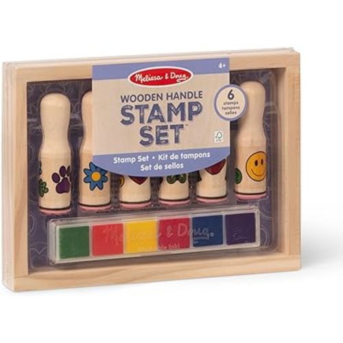 Melissa & Doug Happy Handles Wooden Stamp Set: 6 Stamps and 6-Color Stamp Pad