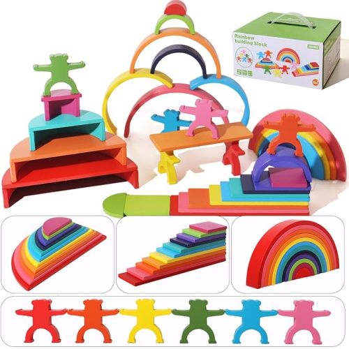 40-Piece Wooden Rainbow Stack Set, 4-in-1 Building Blocks preschoolers Early Development & Activity Toys Montessori Toys for Kids 1 2 3 4 Years and Older Gifts for Boys and Girls
