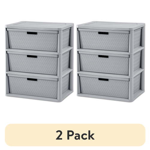 (2 pack) Sterilite Wide 3 Drawer Tower, Plastic Storage Organizer with Removable Decorative Bins, Easy to Assemble - No Tools Needed, Gray