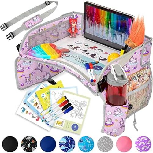 Kids Travel Tray for Car - Carseat Tray for Toddler, Road Trip Must Haves with Cup Holder & Drawing Board - Toddler Airplane Travel Essentials for Girls - Car Accessories for Kids