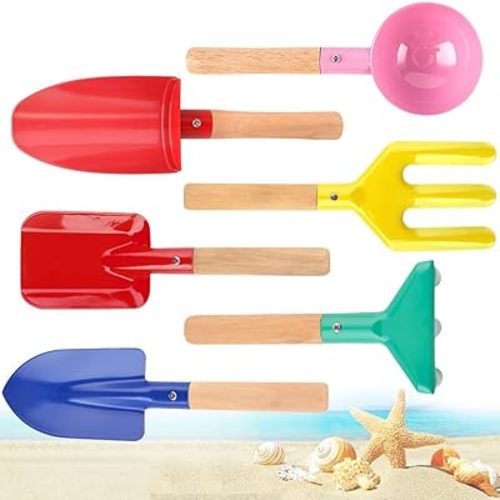 Beach Toys for Kids,Beach Sand Toys, 8'' Metal Sandbox Toys with Sturdy Wooden Handle,Safe Beach Gardening Set,Spoon, Fork, Trowel, Rake & Shovel for Kids，Snow Shovel（6 pcs）