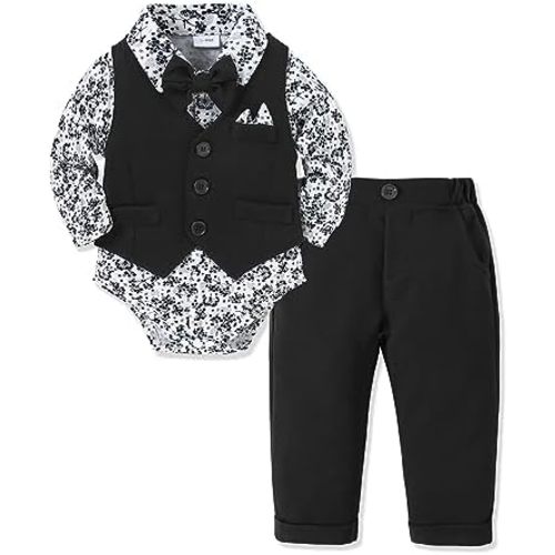 YALLET Baby Boy Clothes Suit 0-24 Months Infant Gentleman Outfits Formal Dress Shirt+Bowtie+Vest+Pants Set Baby Wedding Suits