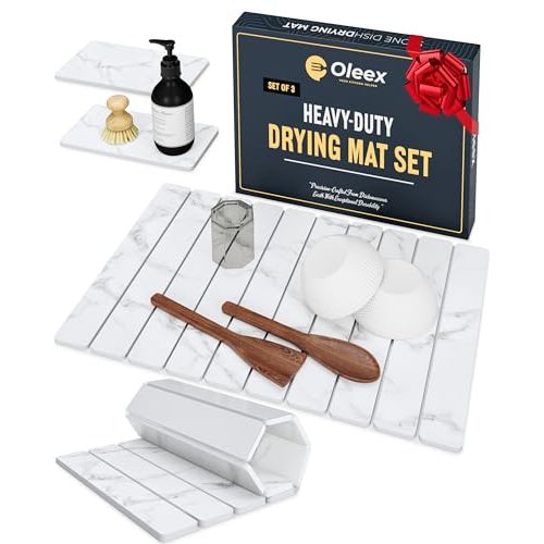 Oleex 3-Pack Stone Dish Drying Mat Set for Kitchen Counter-Collapsible Diatomaceous Earth Pad Absorbs Water & Dries Dishes Fast | Includes 1 Large 24”x16” & 2 Small 4”x9” Non-slip, Odor-Resistant Mats