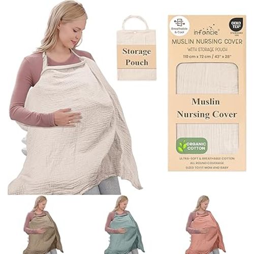 Organic Cotton Nursing Cover & Shawl - 43 x 28 Inch Breathable Muslin Breastfeeding Nursing Apron Cover with Arch Neckline for Mothers, Multi-use Carseat Canopy (Ivory)