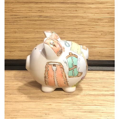 Large Hand-painted Cowgirl Ceramic Piggy Bank Personalized with Horse, Boot, Hat, Saddle, Bandana, Lasso, Chaps, Spurs, Western Vest