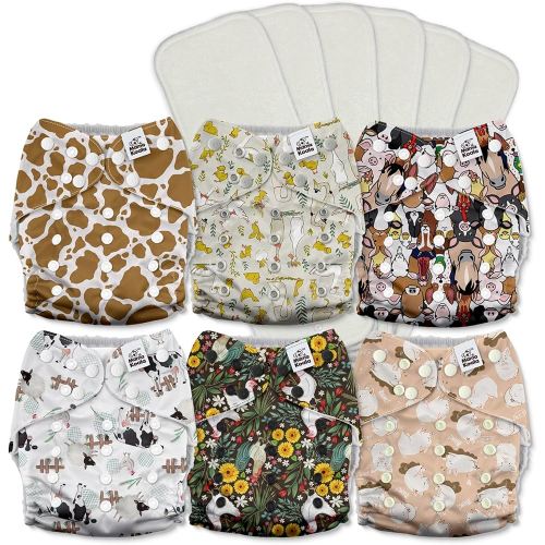 Mama Koala 3.0 Cloth Diapers for Babies with AWJ Lining, 6 Pack with 6 5-Layer Natural Cloth Diaper Inserts - Reusable and Washable Pocket Diapers(A-The Farm Story)