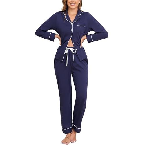Veseacky 100% Cotton Women's Pajama Set Long Sleeve Button Down Sleepwear Soft Pjs Lounge Sets Nightwear Pjs XS-XXL