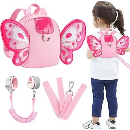 Accmor Toddler Harness Backpack Leash, Cute Butterfly Kid Backpacks with Anti Lost Wrist Link, Mini Child Backpack Harness Leashes Walking Wristband Travel Bag Harness Rein for Baby Girls (Pink)