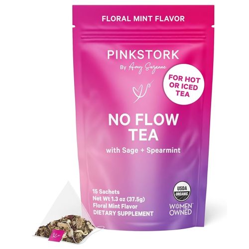 Pink Stork No Flow - Organic Sage Tea to Dry Up Breast Milk Supply and Decrease Milk Production, Stop Breastfeeding, Wean Lactation Naturally, Postpartum Essentials - Hot or Iced - 15 Sachets