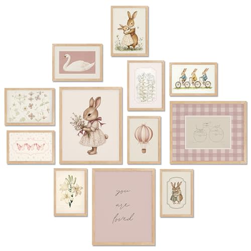 TwoDays Vintage Nursery Decor for Baby Girls, Pink Rabbit Bunny Wall Art for Toddler Kids Playroom, Swan Animals Posters for Bedroom (Multi Sizes, Set of 12, 8 × 10 Largest, UNFRAMED)