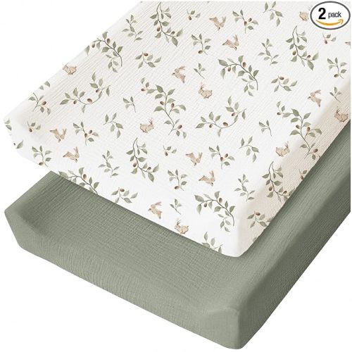 Konssy 2 Pack Muslin Changing Pad Cover for Baby Girls Boys 100% Cotton Fitted Diaper Changing Table Cover Set, Soft Changing Pad Sheets (Rabbit,Fog Green)