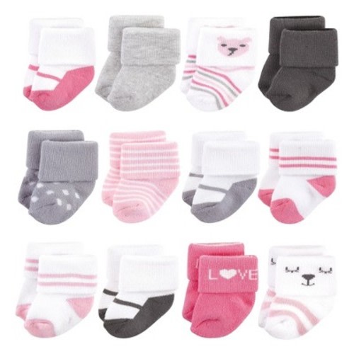 Hudson Baby Basics Infant Baby Cozy Terry Baby Sock 12-Pack, Sweet Bear Friends, 0-6 Months