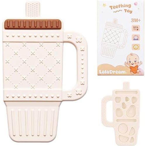 Baby Teething Toy Silicone Baby Teether for 3 6 12 18 Months Infant Tumbler Cup Shape Babies Teething Relief with Handle Toddler Chew Toys Food Grade BPA Free Teether Toys for Boys Girls White