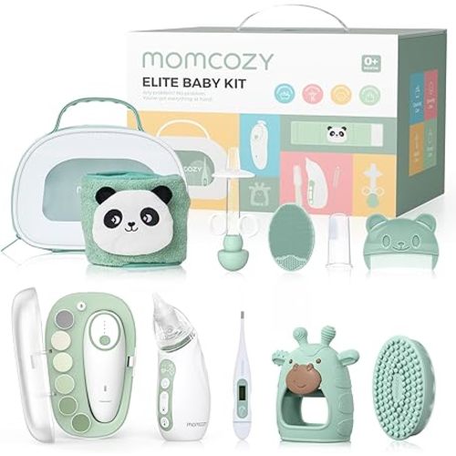 Momcozy Elite Baby Kit, Superior Baby Shower & Registry Essential Kit for Grooming & Health & Cleansing Care, Electric Nail File & Nasal Aspirator,Tummy Wrap,Thermometer,Bath Brush,Teether,Storage Bag