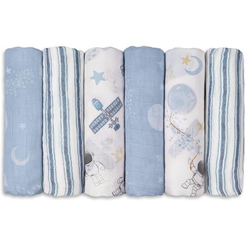 GLLQUEN BABY Receiving Blanket Boy Cotton Muslin Swaddle Blankets Girl Newborn Squares Breathable & Soft Thin Baby Blankets Cloths Double Absorbent Infant Swaddling Wrap - 6 Pack (Blue Astronaut)