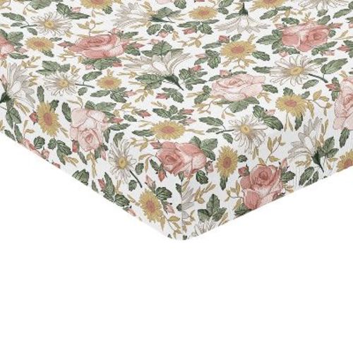 Sweet Jojo Designs Baby Girl Fitted 100% Cotton Muslin Crib Sheet Vintage Floral Pink Green and Yellow