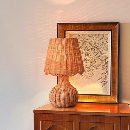 Rattan Table Lamp for Bedroom, Boho Small Table Lamps for Bedside, Farmhouse Mini Small Table Lamps for Small Spaces for Kitchen Counter, Bookshelf, Nightstand, Bedroom, Kids Dorm