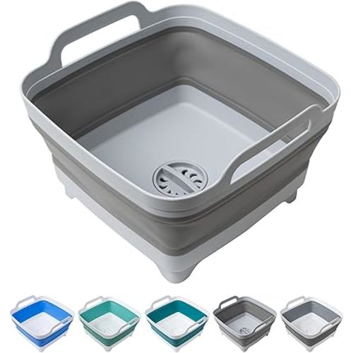 Tiawudi Dishpan for Washing Dishes, 2.4Gal/9L Wash Basin with Draining Plug Carry Handles, Collapsible Bucket for Cleaning, Portable Sink, Foldable Plastic Tub, 1PC