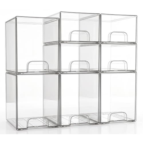Clear Stackable Storage Drawers: Acrylic Organizer Bins 8 Pack | for Baby Bottle makeup Ideal for Countertop, Vanity, Station, Bathroom, Kichen Cabinet Pantry Organization