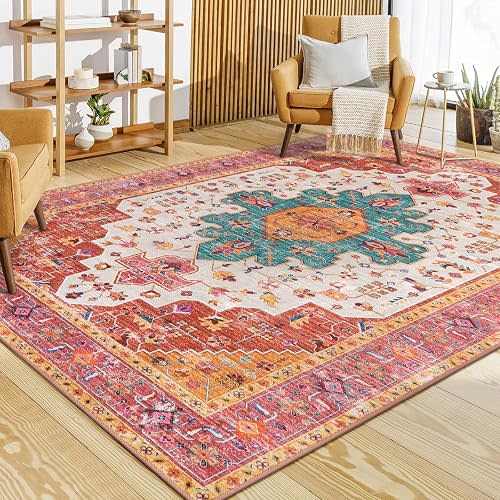 Ultra-Thin Washable Pink Area Rug - 6x9 Large Boho for Girls Bedroom, Dining Room, Non-Shed Playroom, Office, Indoor Printed Boho Floor Carpet for Living Room Decor