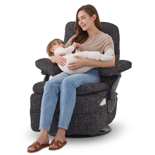 MAMAZING Lullacloud Nursery Swivel Glider Recliner Chair with Adjustable Armrests and Headrest, Low 15.3" Seat Height for Petite Moms, Silent Rocking Motion, Removable Cover, OEKO-TEX Certified, Black
