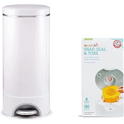 Munchkin® STEP™ Diaper Pail Powered by Arm & Hammer, #1 in Odor Control, Award-Winning, Includes 7 Snap, Seal & Toss™ Bags, 1 Starter Refill Ring, and 1 PUCK™ Baking Soda Cartridge