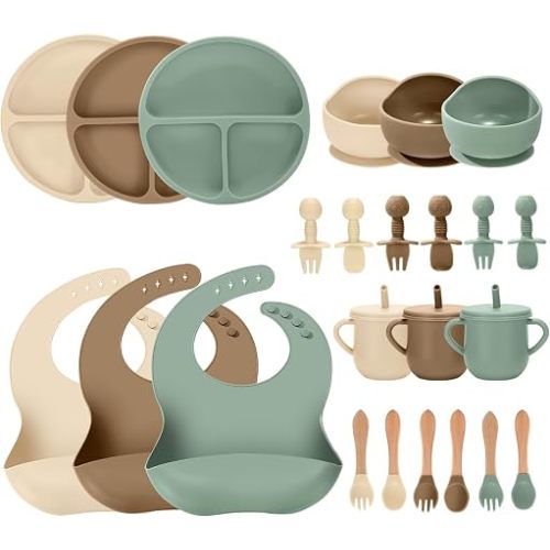 JELLDJK 24 PCS Silicone Baby Feeding Set, Baby Led Weaning Supplies Includes Suction Bowls and Divided Plates, Adjustable Silicone Bib, Spoons&forks, Training cup with straw (Green+Blue+Beige)
