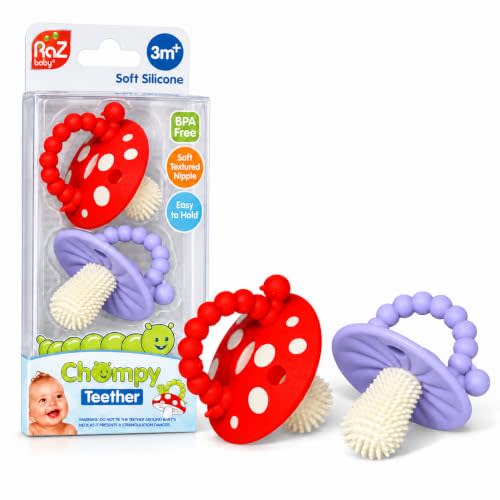 RaZbaby Soft Silicone Infant & Baby 3M+ Teether Toy Massaging Bristles Teething Relief Pacifier - Soothes Sore Gums - Hands-Free & Easy-to-Hold Chompy Teether, BPA Free (RED/Lavender)