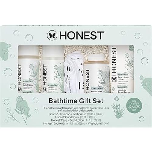 The Honest Company Fragrance-Free Bathtime Gift Set, Hypoallergenic, Bath Essentials for Sensitive Skin, Shampoo and Body Wash, Face Lotion, Bubble Bath, Conditioner, Wash Cloth