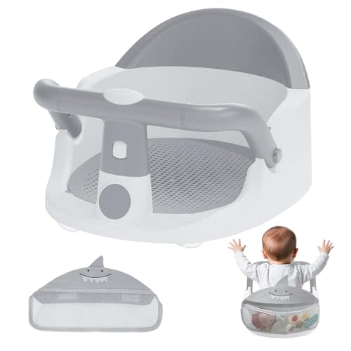Baby Bath Seat - for Babies 6 Months & Up Sitting Up with Storage Bag + Mesh seat Cushion, Non-Slip Toddler Bath Seat for Baby, Sit Up Bath Seat for Baby, Grey