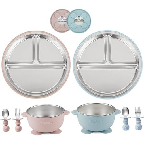 PandaEar 8PCS Baby Feeding Set | Stainless Steel Suction Plates and Bowls with Silicone Fork and Spoon Utensils | Baby Led Weaning Tableware for Toddlers & Kids (Tan & Walnut)