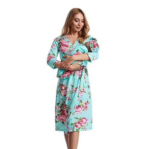 Galabloomer Maternity Robe and Baby Receiving Blanket, Matching Mommy Labor Delivery Robe and Swaddle Set (US, Alpha, Medium, Regular, Regular, auqa)