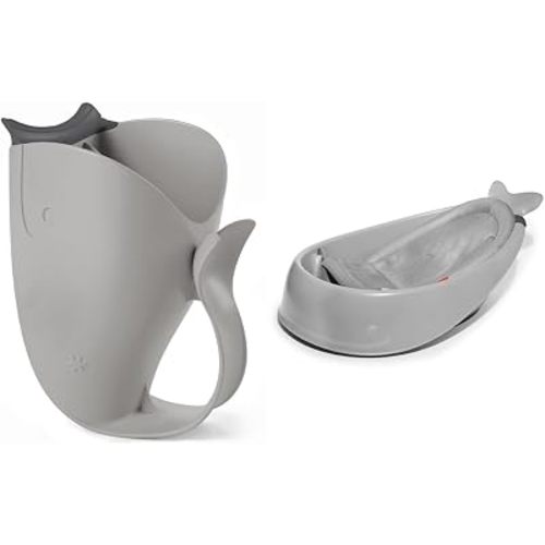 Skip Hop Baby Bath Tub, 3-Stage Smart Sling Tub, Moby, Grey & Baby Bath Rinse Cup, Moby Tear-Free Waterfall Rinser, Grey
