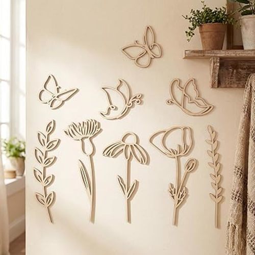 Novabright 9 Pcs Wooden Wildflower Wall Decor Boho Flower Cutout Nursery Decor Floral Sign Decal for Bedroom Living Room