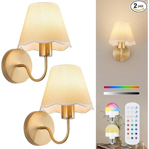 ADISUN Battery Operated Wall Sconce Set of 2, Gold Wall Lamps Rechargeable Bulbs for Living Room, Cream Rattan Shade, Wireless Wall Lights for Bedroom Living Room Hallway Kitchen(2 Bulbs Included)