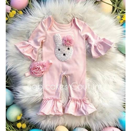 Babys 1st Easter, Easter Bunny Outfit, Pink Bunny Romper, Newborn Easter Outfit, Baby Bunny Outfit, Baby Ruffle Romper, Easter Bunny Layette