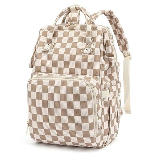 Baby Diaper Bag Backpack for Mom, Large Capacity Travel Nappy Bag for Boys & Girls with Stroller Straps (Corduroy Checkered Brown)