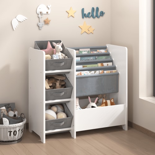 Kids Bookcase & Toy Storage Organizer,Multifunctional 4 Tier Bookshelf with 3 Collapsible Fabric Drawers for Living Room,Playroom,White 02