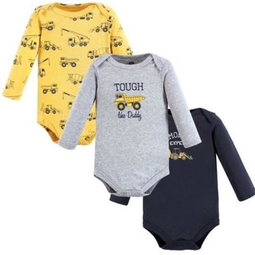 Hudson Baby Basics Infant Boys Essential Long Sleeve Bodysuits 3-Pack, Construction Crew, 0-3 Months