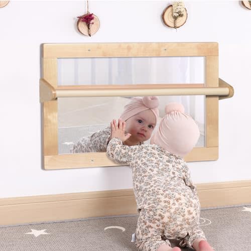 Baby Montessori Wooden Frame Non-Shatter Safety Mirror w/ 2 Pull Up Bars, Infant Coordination Small Mirror for 6-18 Months (Natural)