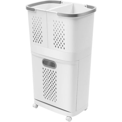 2 Tier Rolling Laundry Hamper Sorter Removable Clothes Hamper Organizer with Wheels White Portable Storage Baskets for Bedroom Laundry Room Bathroom