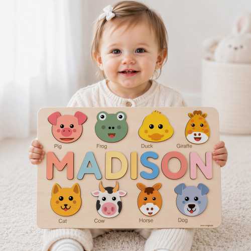Custom Name Puzzle with Animals, Personalized Baby Gift, First Birthday Gift, Christmas Present, 0-3 Years Personalized Toy