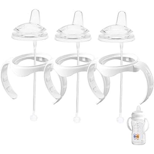 Sippy Cup Conversion Kit for Dr Brown Wide Mouth Baby Bottles, Soft Straw top and Weighted Straw Transition Kit with Handles, Set of 3