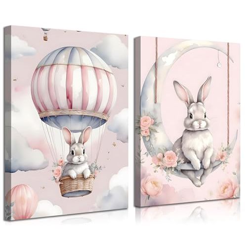 2pcs Nursery Bunny Canvas Wall Art Pink Girl Animal Children'S Room Wall Decor Pictures Cute Balloon Bunny Posters Prints For Girls Room Bedroom Hone Decoration Prepare To Hang