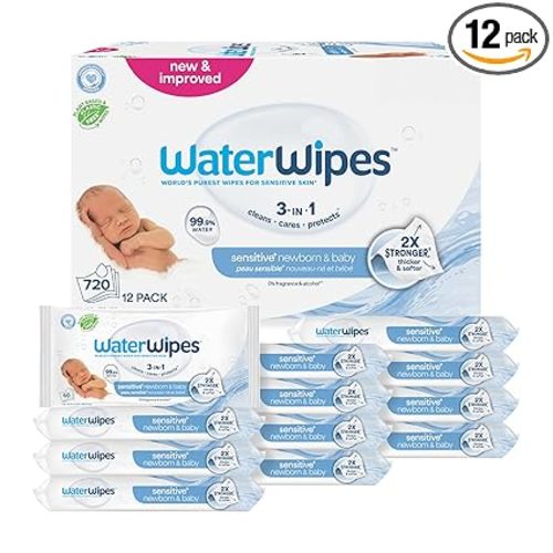 WaterWipes Sensitive+ Newborn & Baby Wipes, 3-In-1 Cleans, Cares, Protects, 99.9% Water, Unscented & Hypoallergenic, 720 Count (12 Packs)